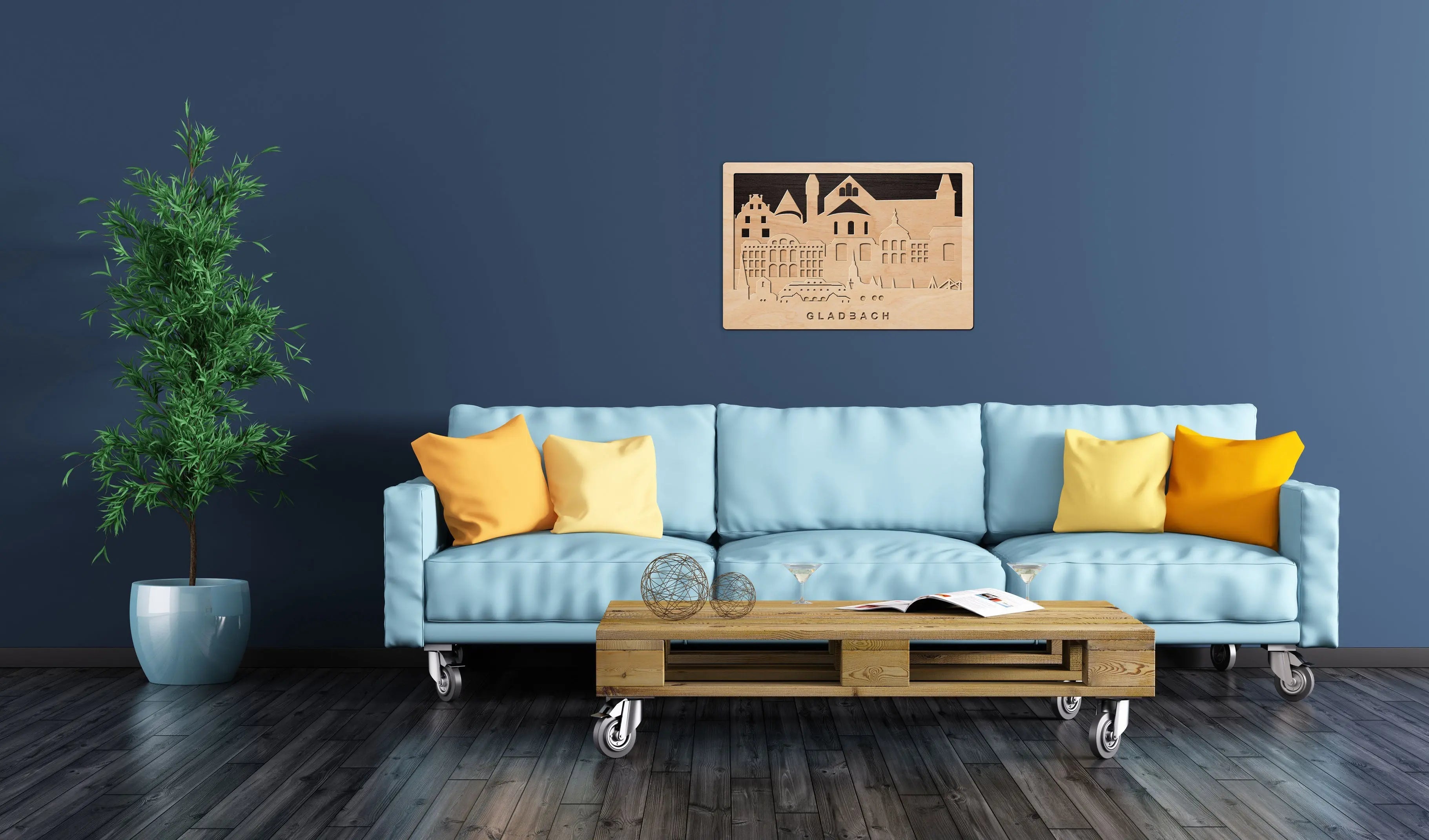 3D Wandbild aus Holz Skyline Gladbach 2017