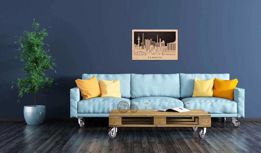 3D Wandbild aus Holz Skyline Hamburg 2017