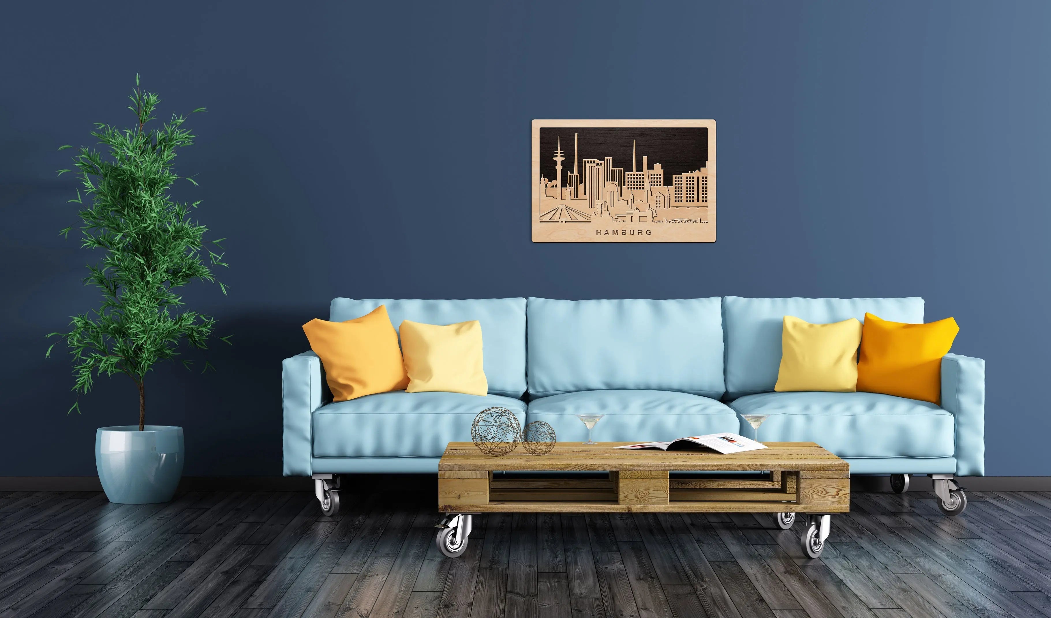 3D Wandbild aus Holz Skyline Hamburg 2017