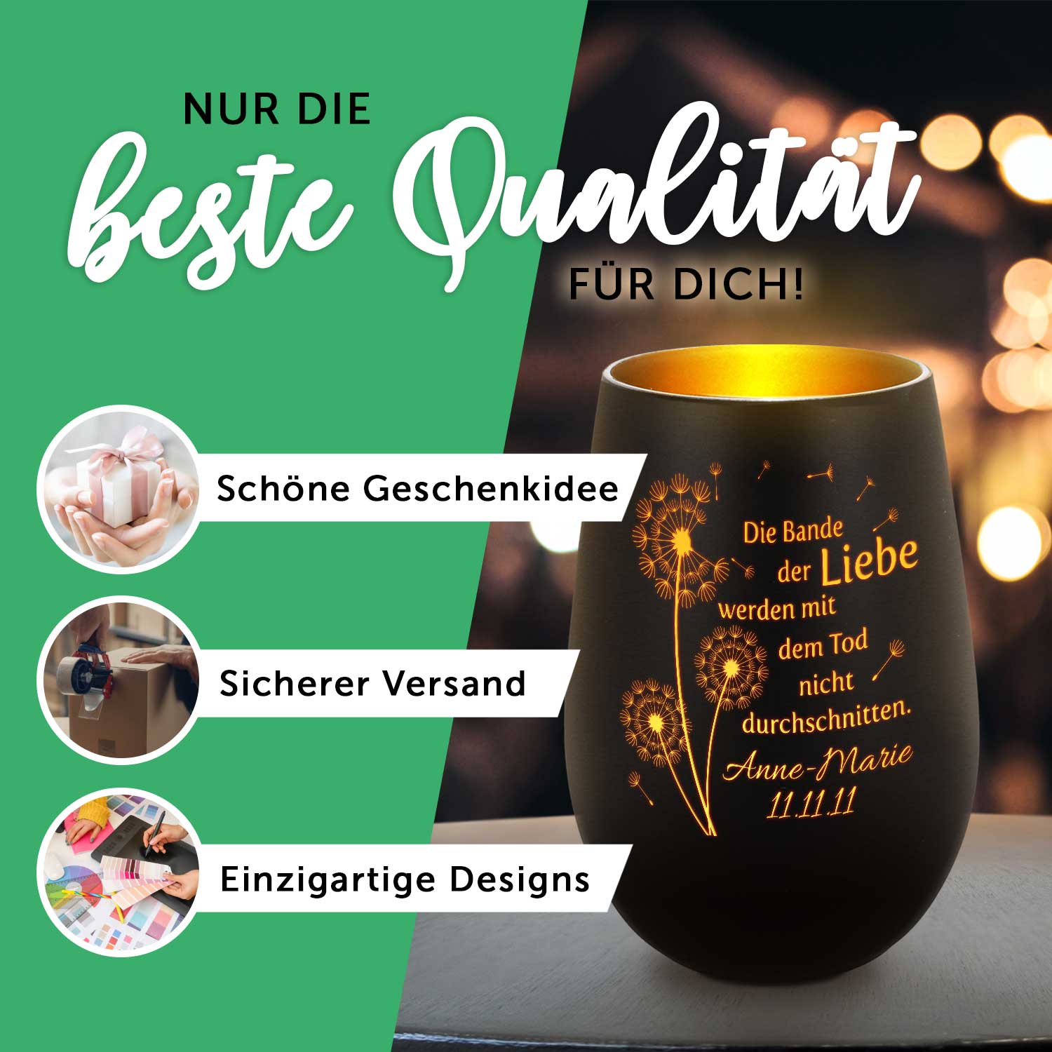 Deko Windlicht aus Glas mit Gravur - Lieblings Freundin - Personalisiert mit Namen