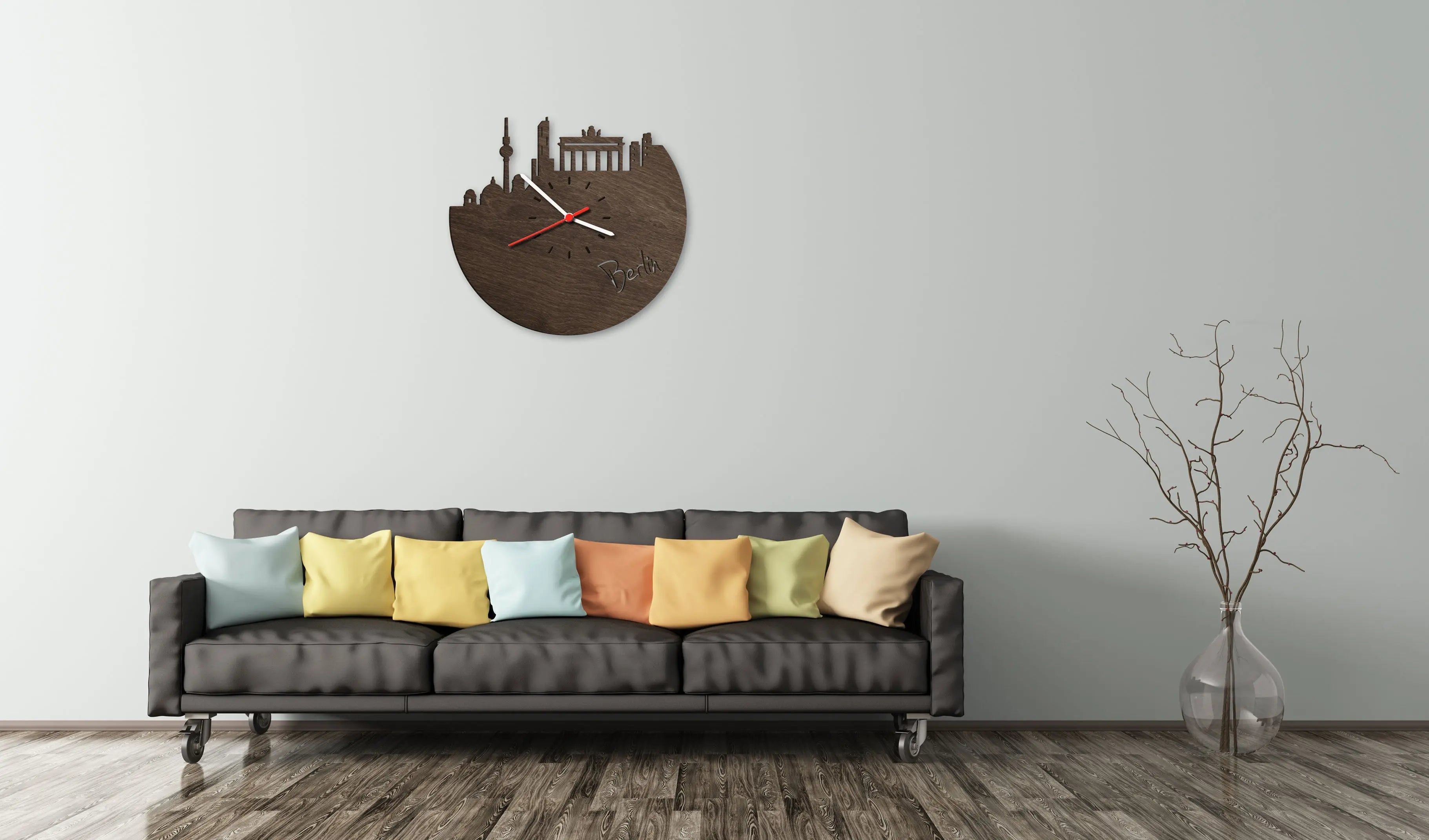Wanduhr aus Holz Skyline Berlin