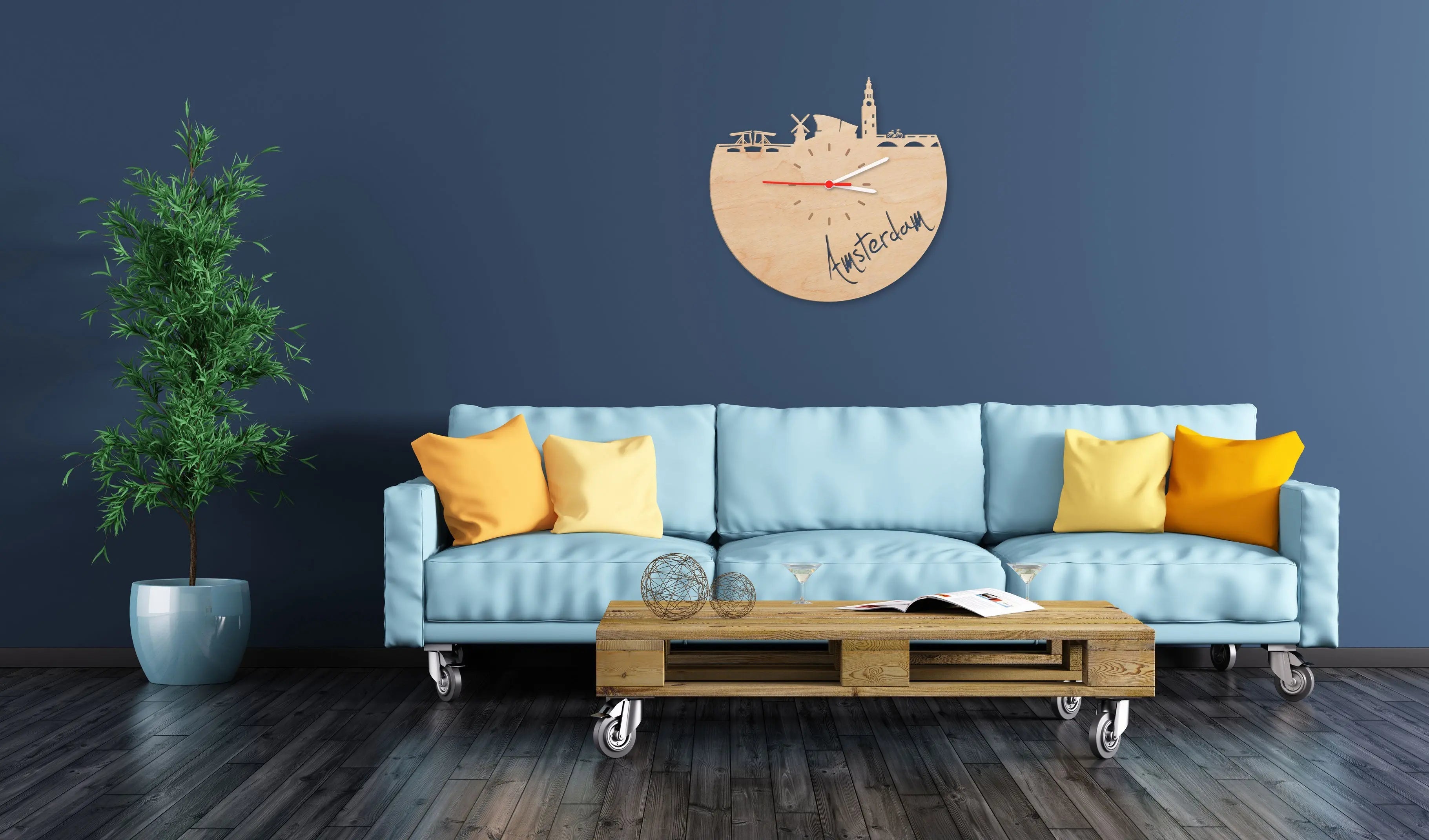 Wanduhr aus Holz Skyline Amsterdam