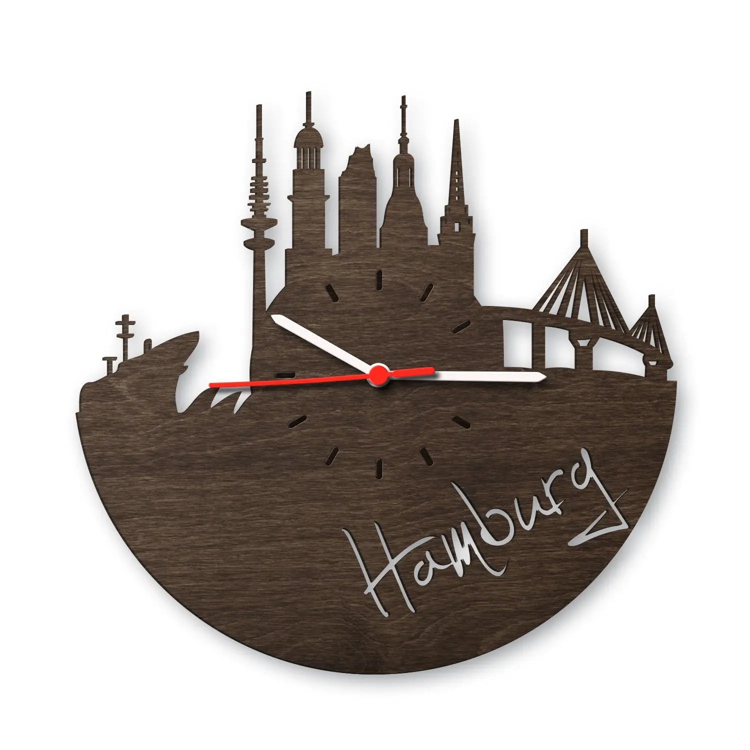 Wanduhr aus Holz Skyline Hamburg 2016