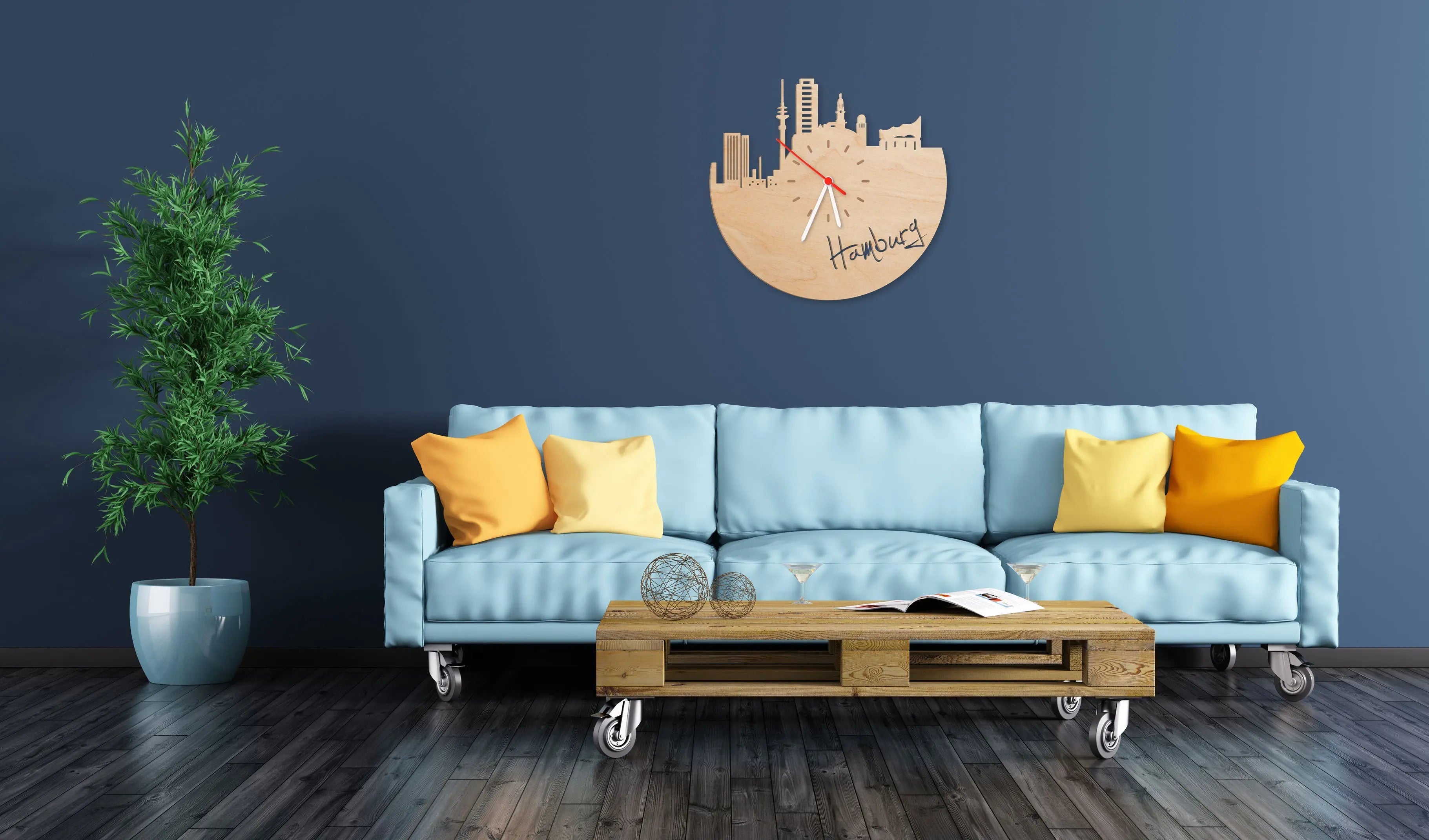 Wanduhr aus Holz Skyline Hamburg