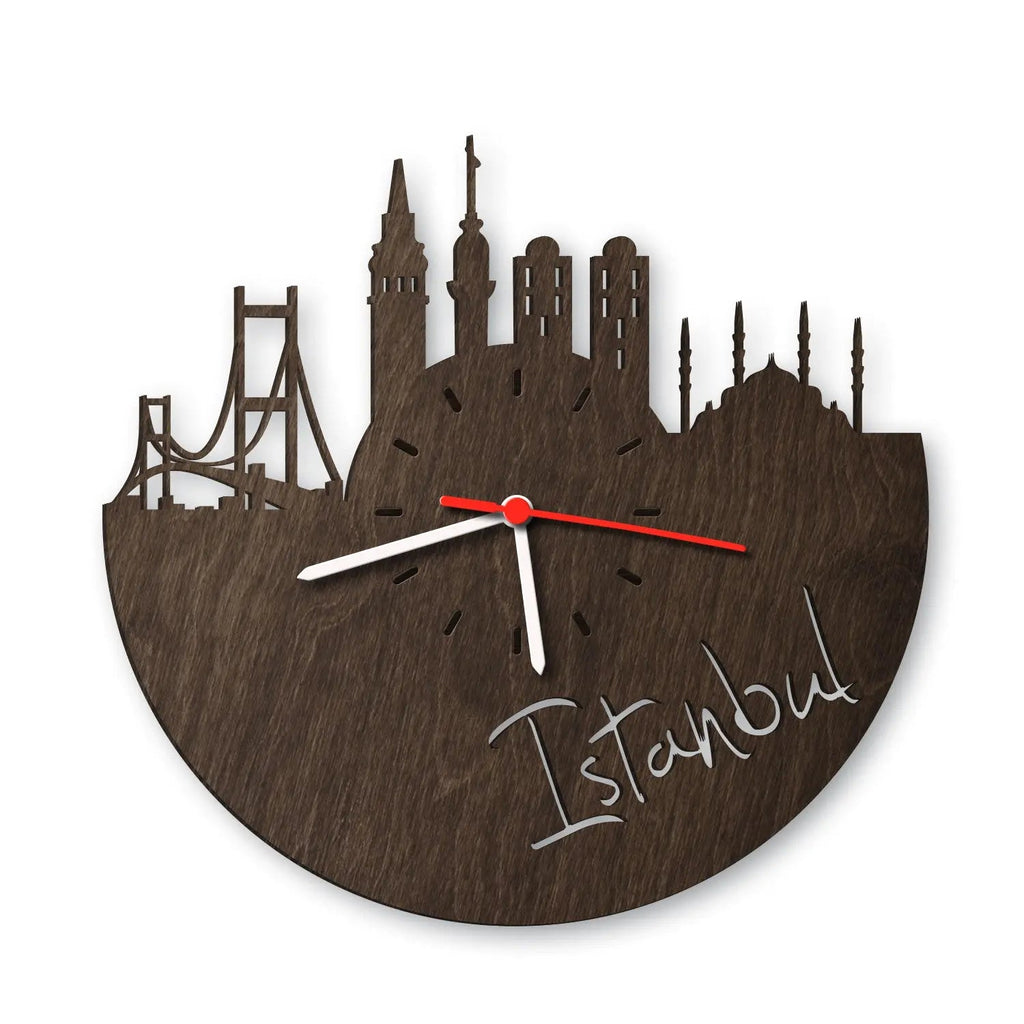Wanduhr aus Holz Skyline Istanbul