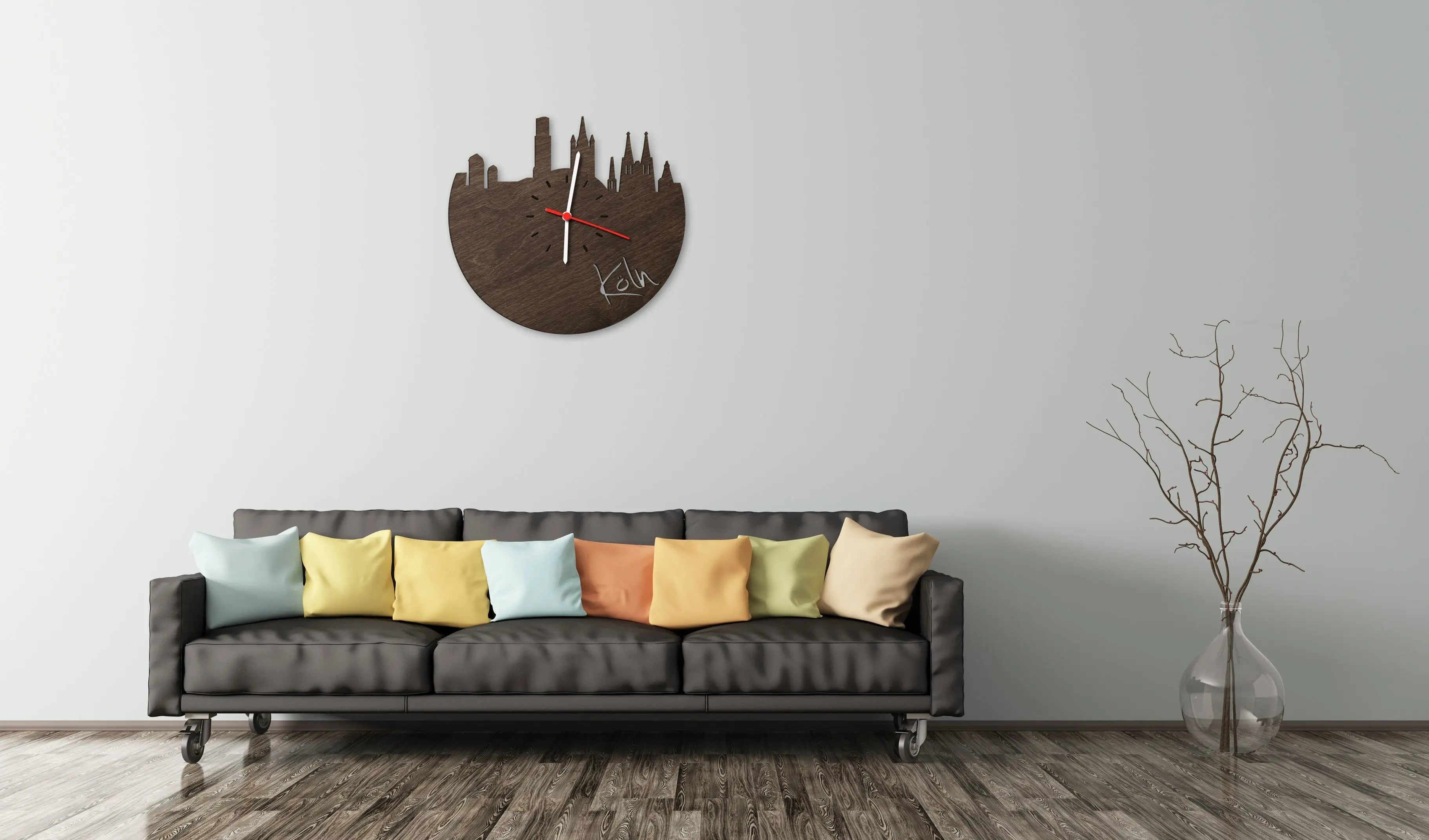 Wanduhr aus Holz Skyline Köln