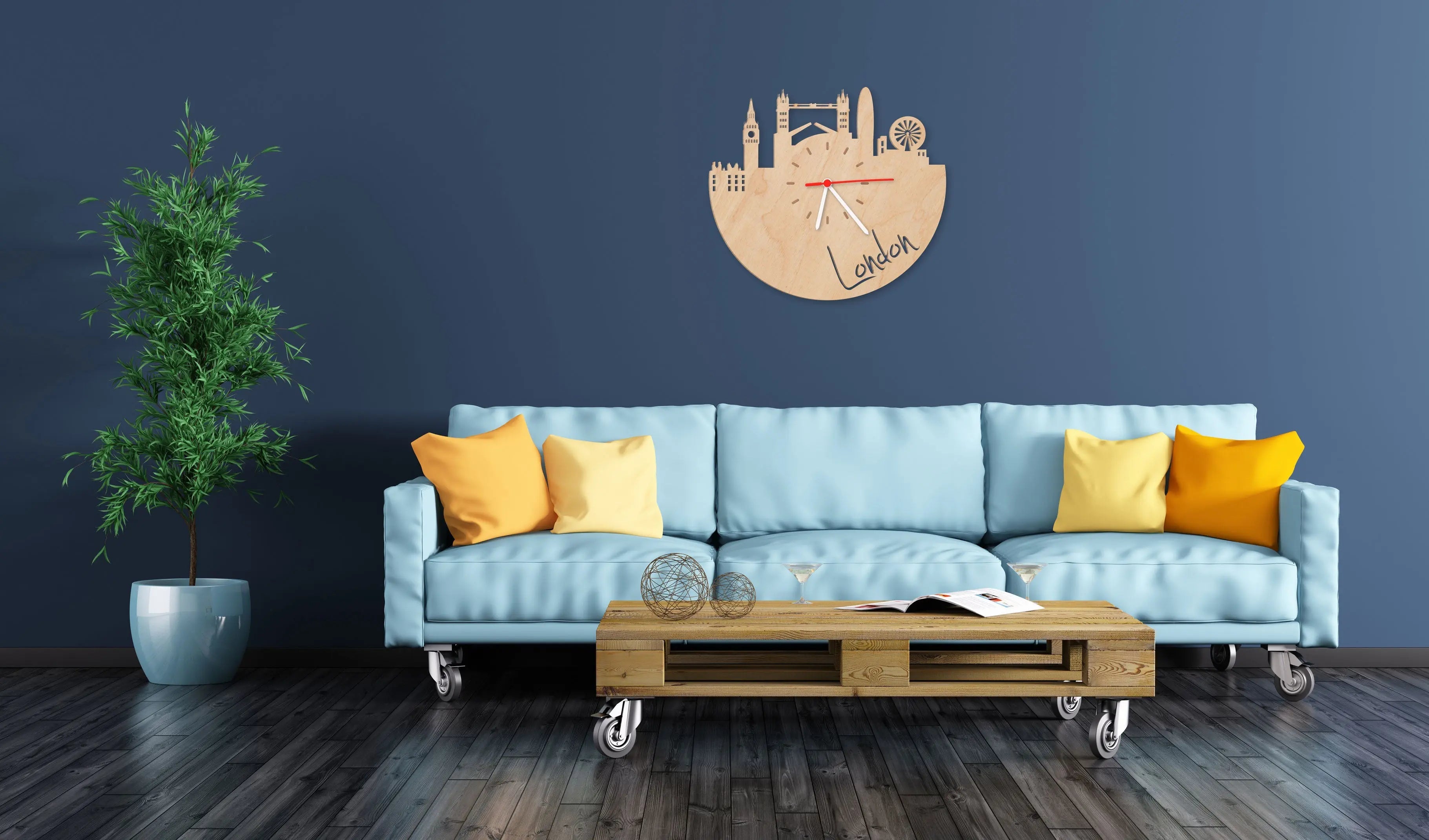 Wanduhr aus Holz Skyline London