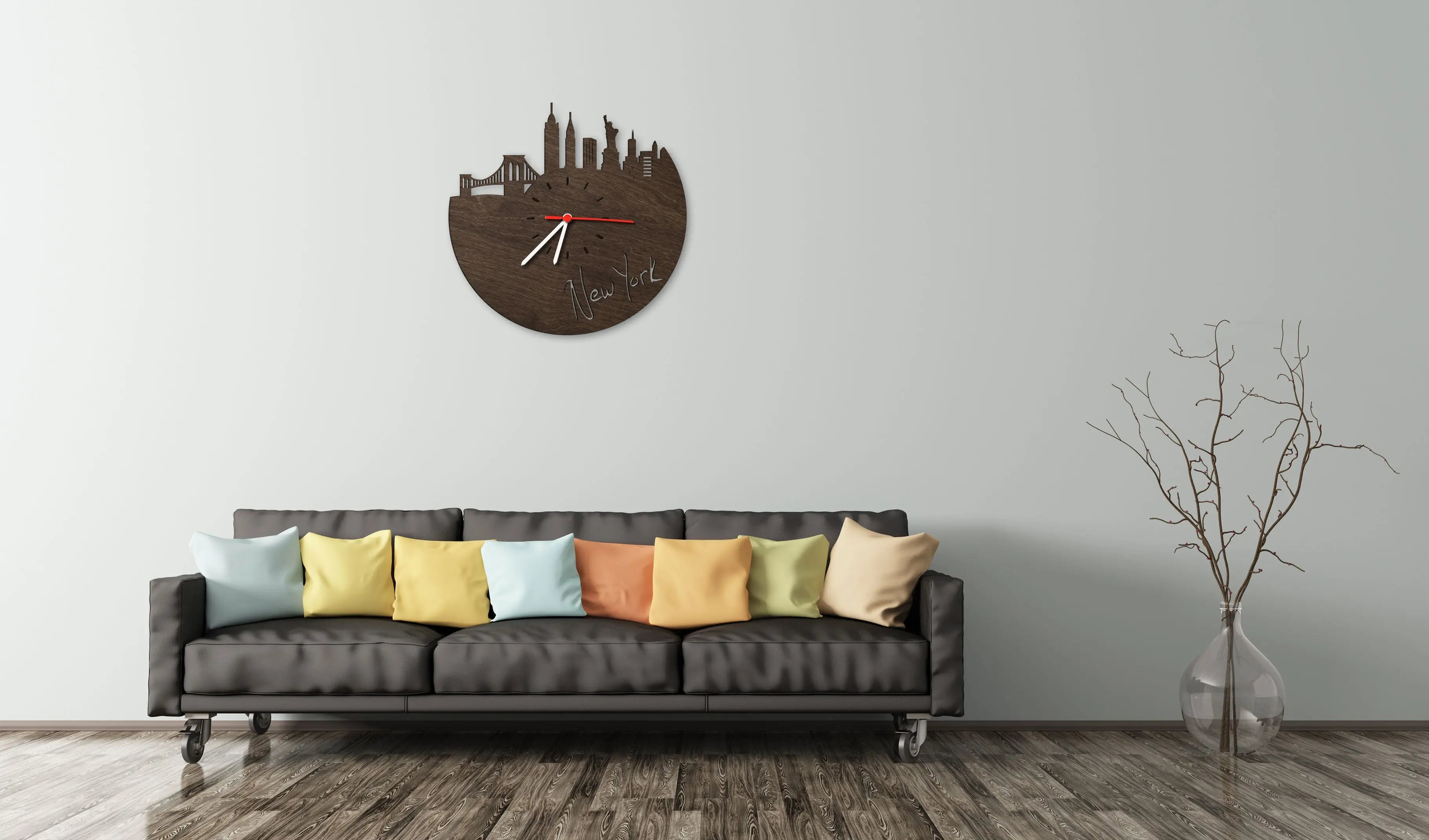Wanduhr aus Holz Skyline New York