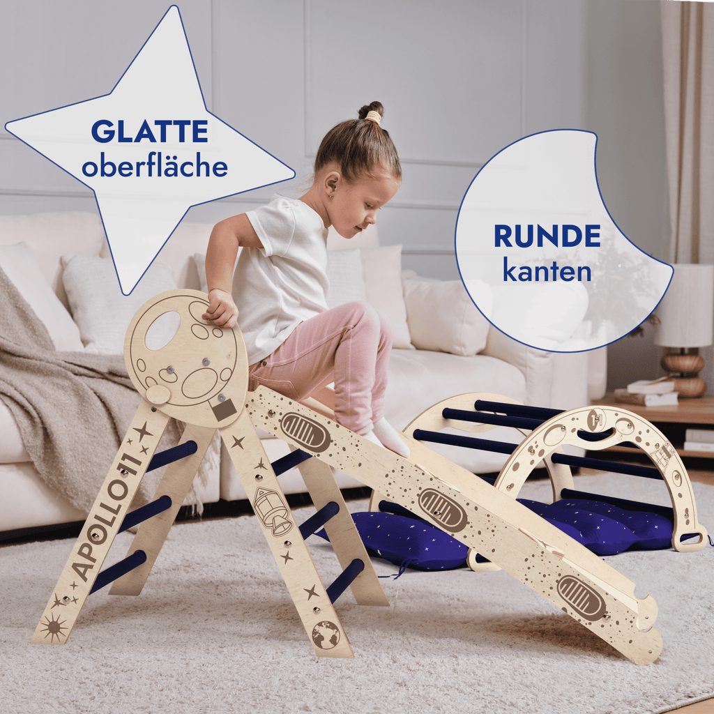 Apollo 4in1 Kletterset: Pikler-Dreieck, Kletterbogen, Rutschbrett und Kissen für kleine Kleinkind-Astronauten