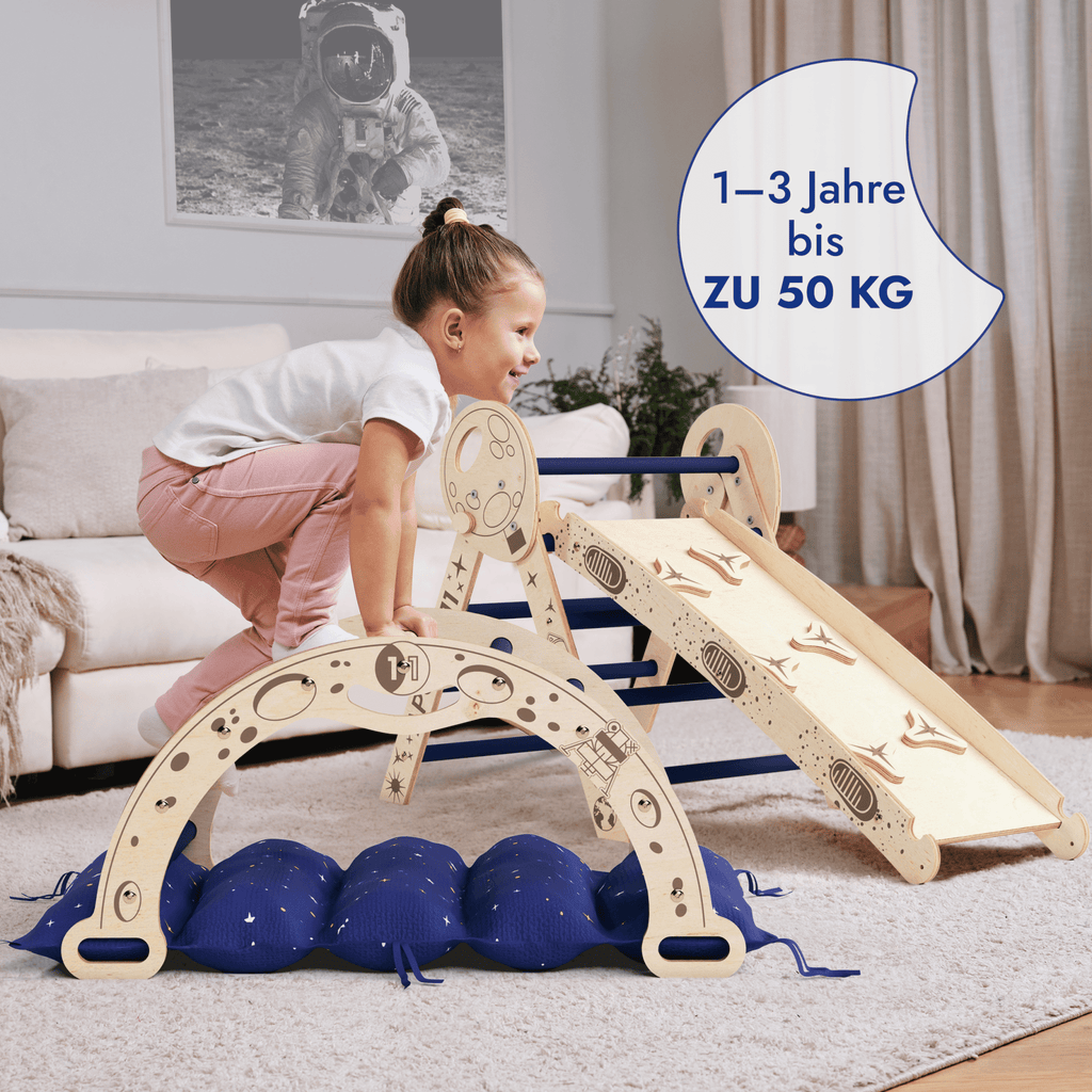 Apollo 4in1 Kletterset: Pikler-Dreieck, Kletterbogen, Rutschbrett und Kissen für kleine Kleinkind-Astronauten