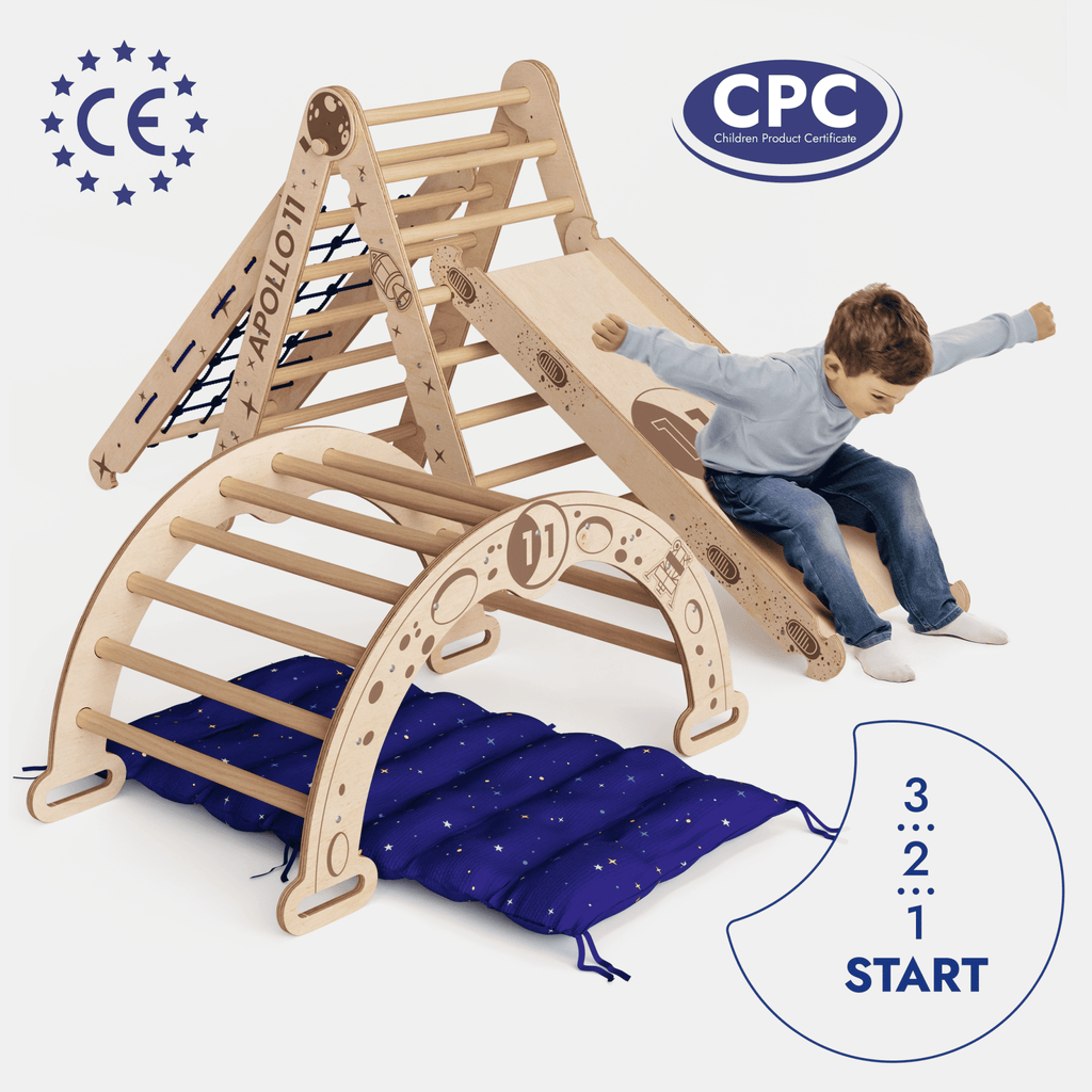 Apollo 5-in-1 Kletterset: Pikler-Dreieck, Kletterbogen, Rutschbrett, Kissen und Netz für kleine Astronauten