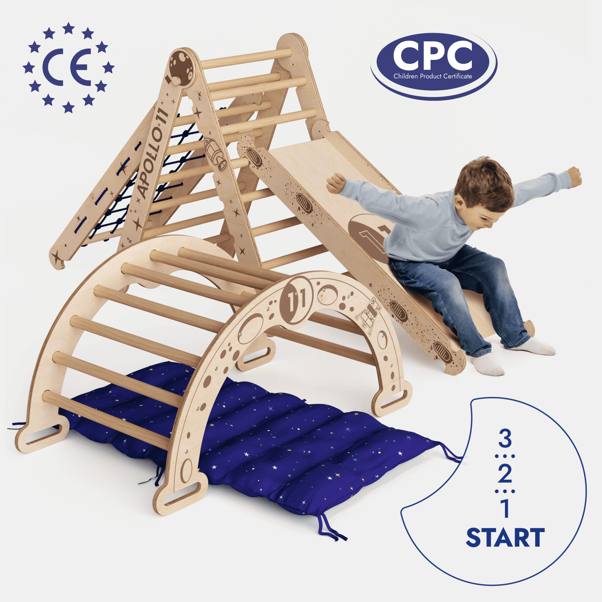 Apollo 5-in-1 Kletterset: Pikler-Dreieck, Kletterbogen, Rutschbrett, Kissen und Netz für kleine Astronauten