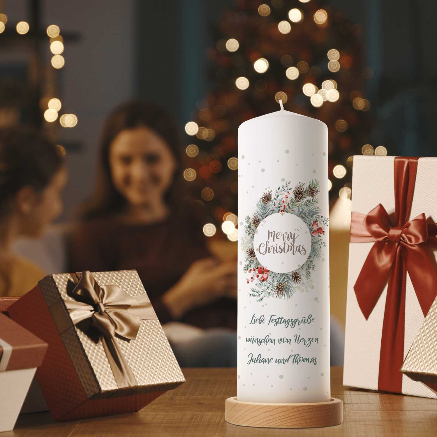 Große Kerze "Natur" mit Wunschtext zu Weihnachten