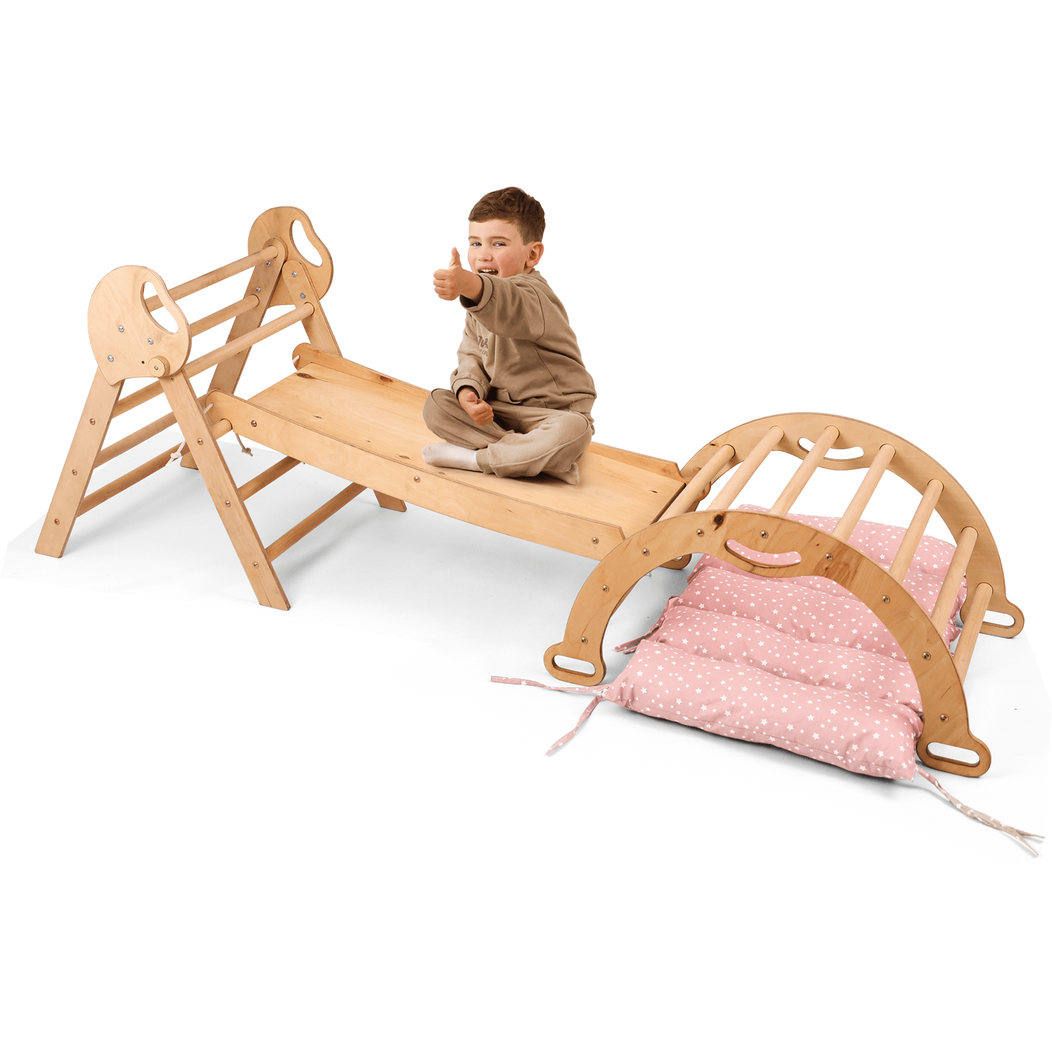 Montessori 4in1 Kletterdreieck für Babys: Pikler-Dreieck, Kletterbogen, Rutschbrett und Kissen für Kleinkinder (1–3 Jahre)