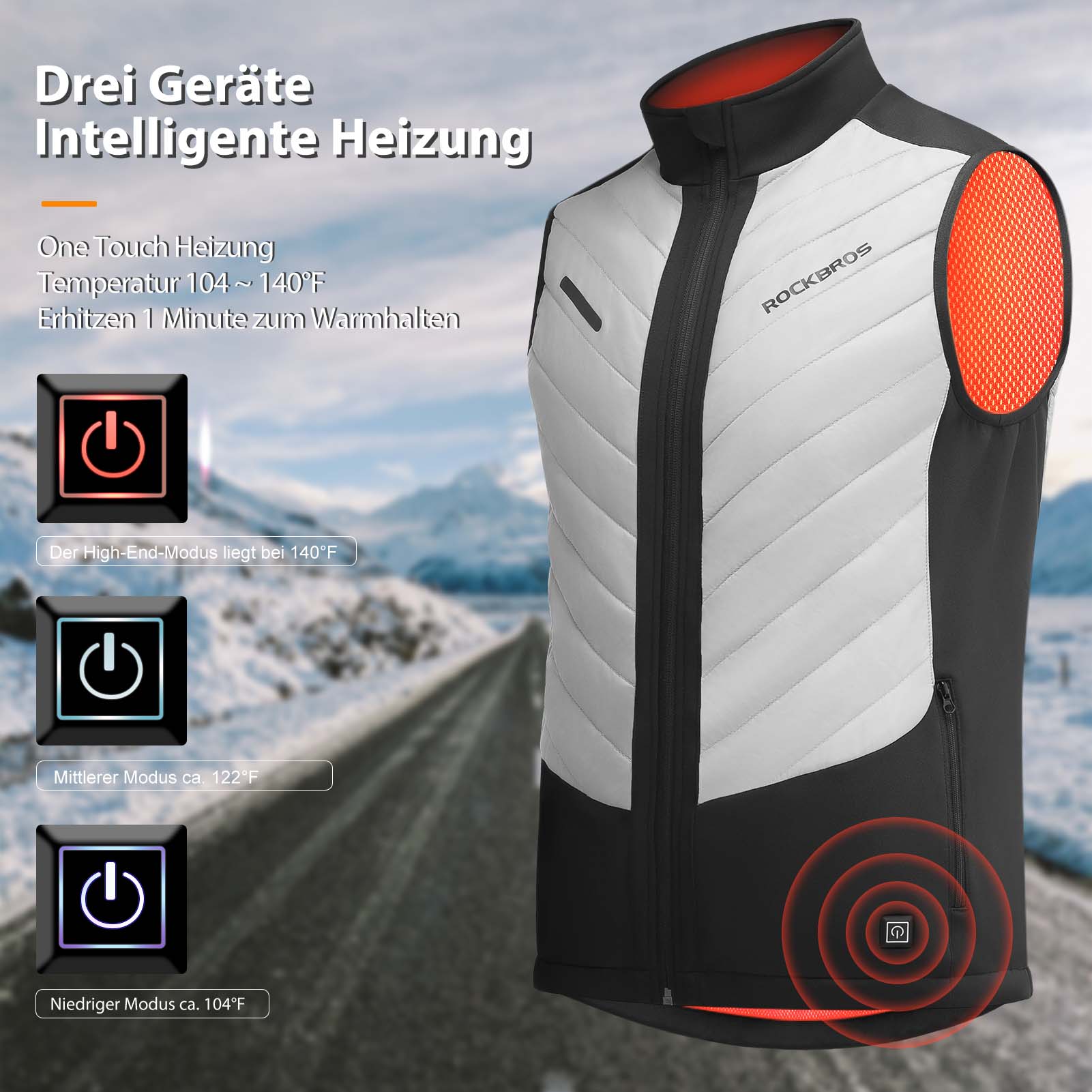 ROCKBROS Elektrische Beheizte Weste mit 3 Temperaturstufen für Herren/Damen