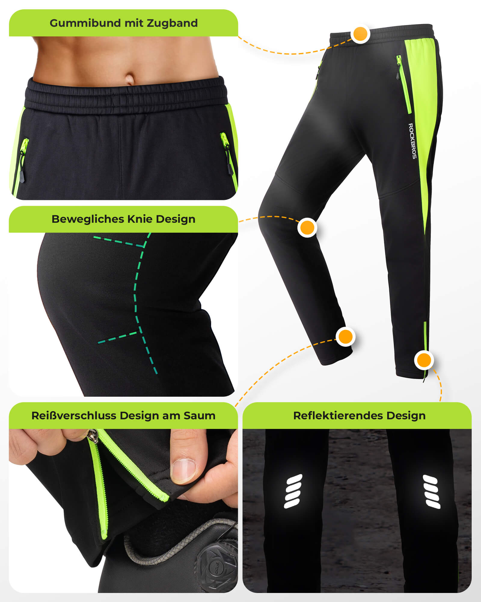 ROCKBROS Fahrrad Hose Wasserabweisend Radlerhose Leuchtendes Grün