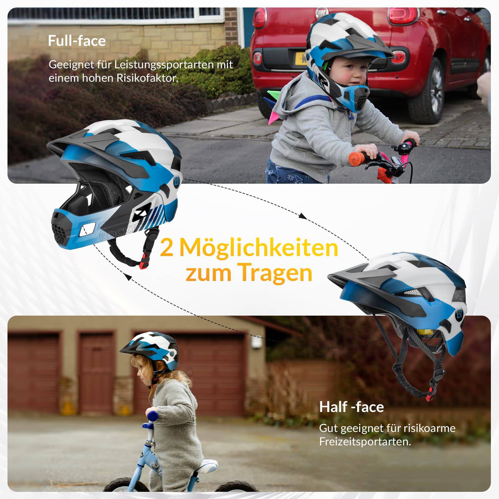 ROCKBROS Kinderhelm BMX MTB Downhill Helm mit Abnehmbarem Kinnschutz und Krempe