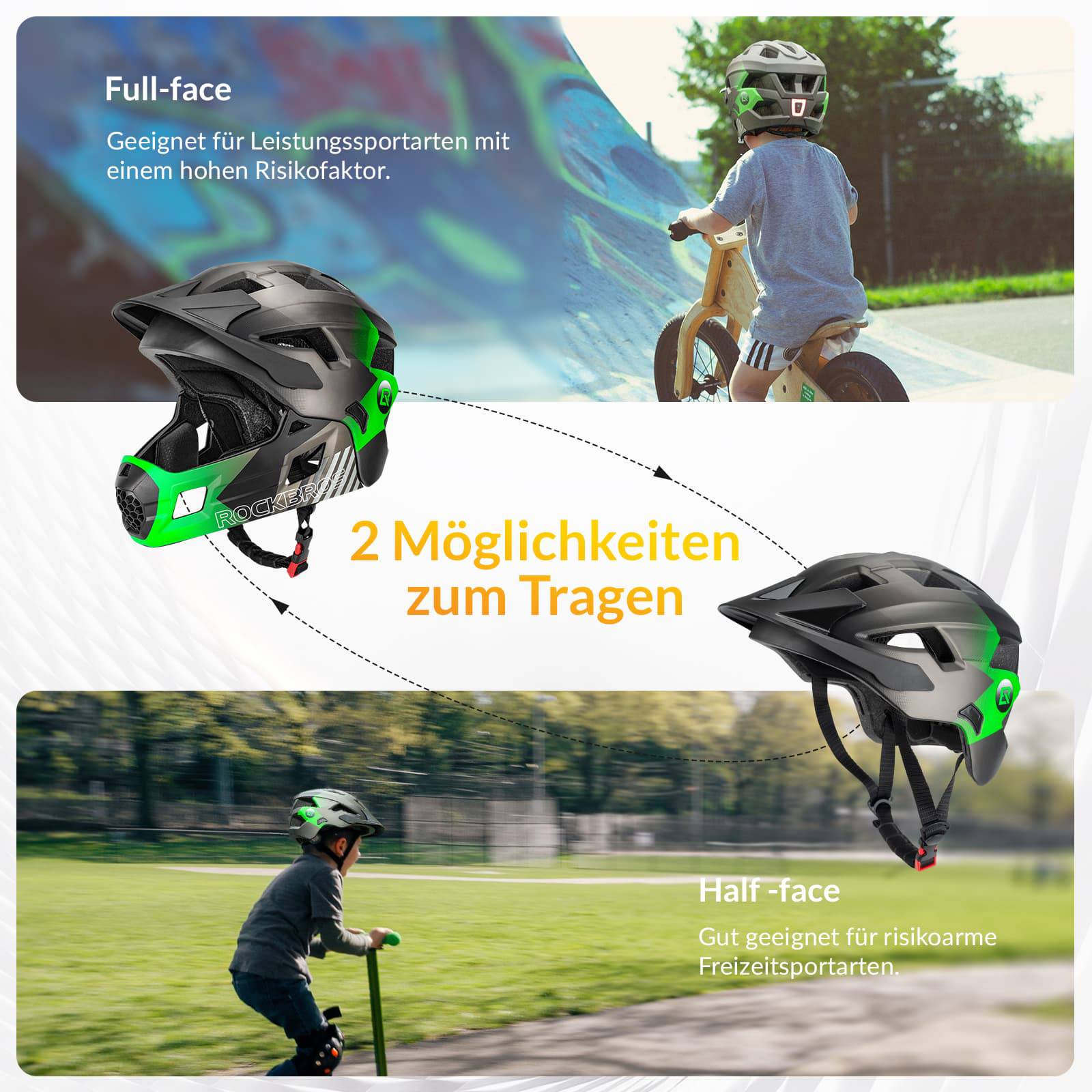 ROCKBROS Kinderhelm BMX MTB Downhill Helm mit Abnehmbarem Kinnschutz und Krempe