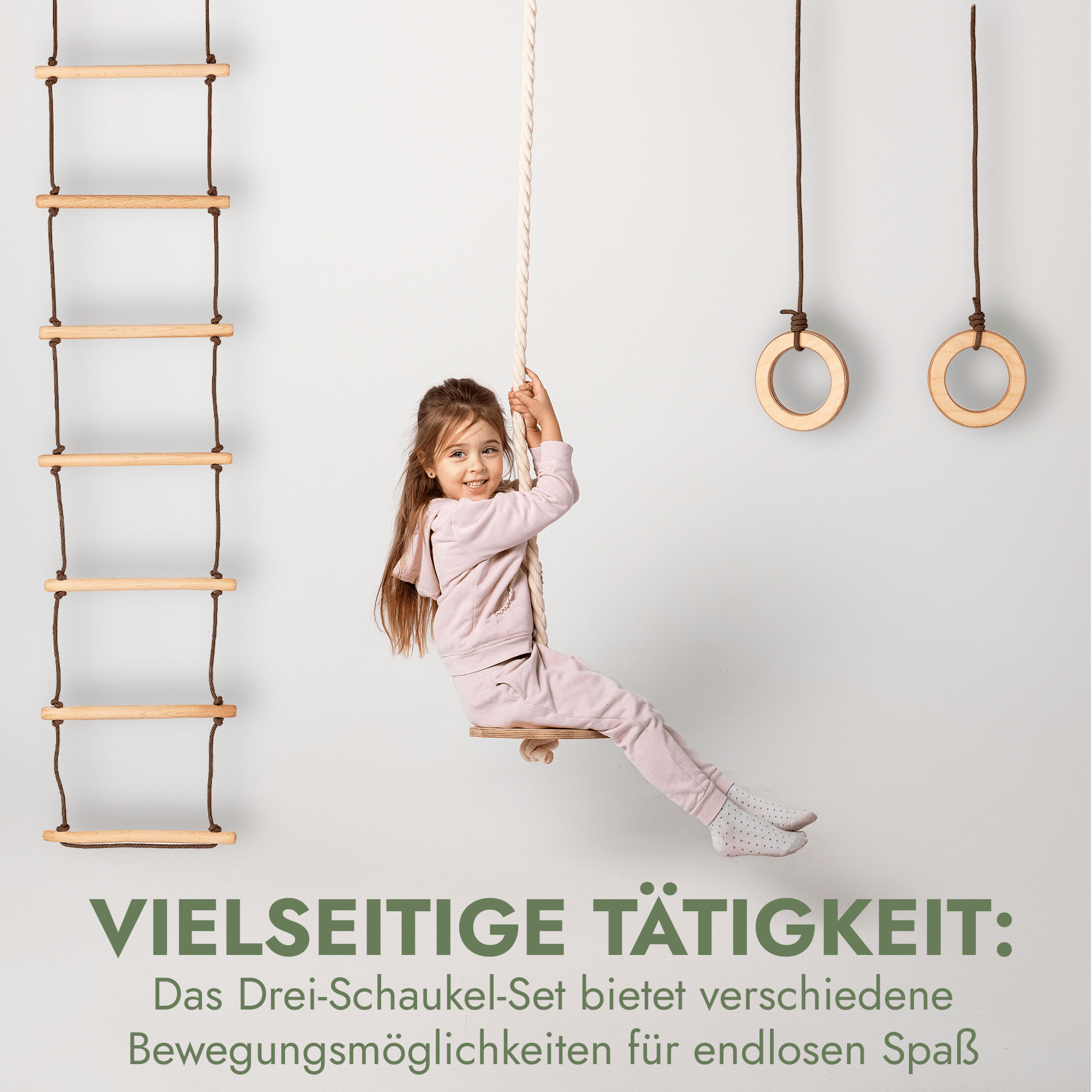 Set aus drei Schaukeln: Scheibe + Ringe + Strickleiter