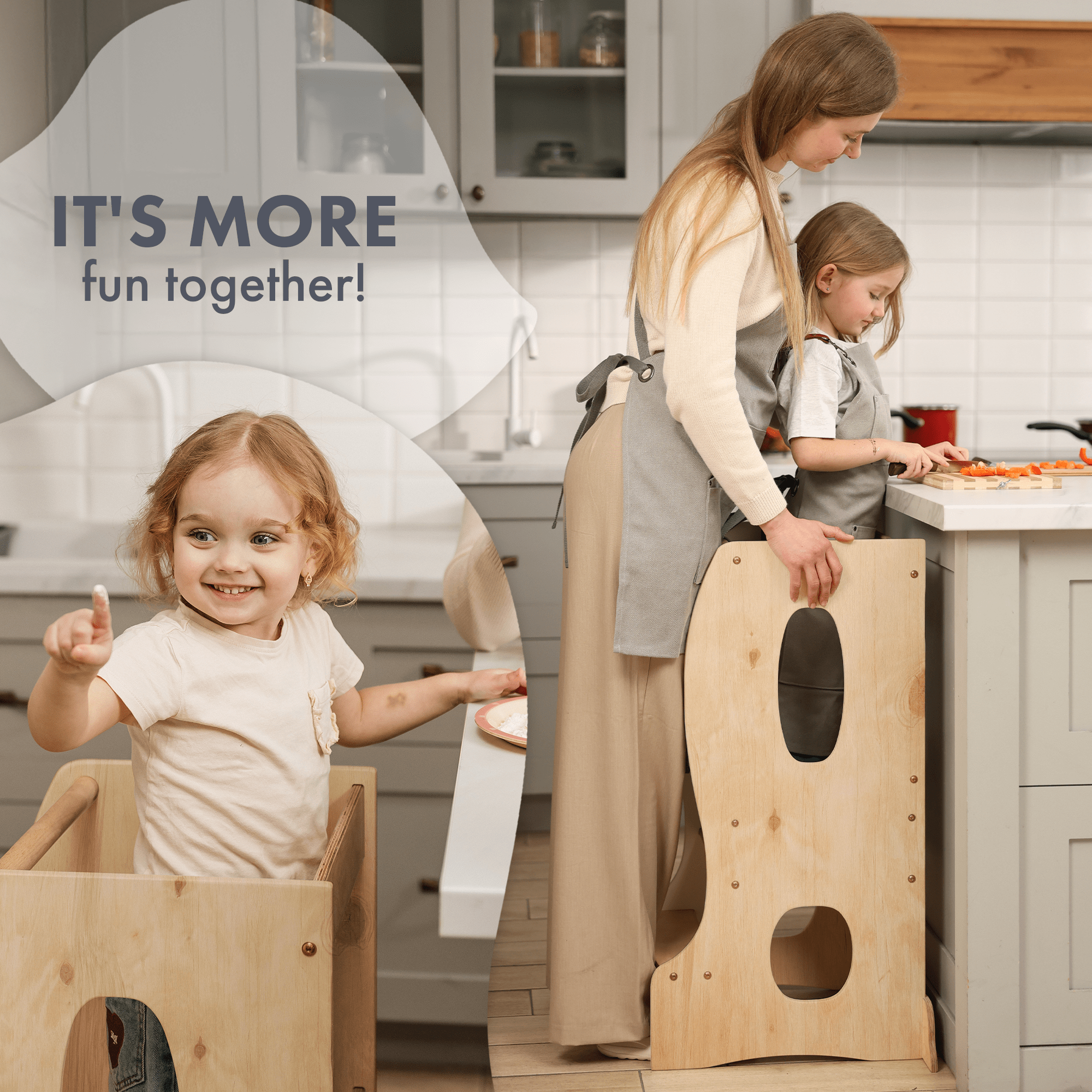Stabiler Montessori Lernturm: Mitwachsender Kinderstuhl aus Holz – Beige