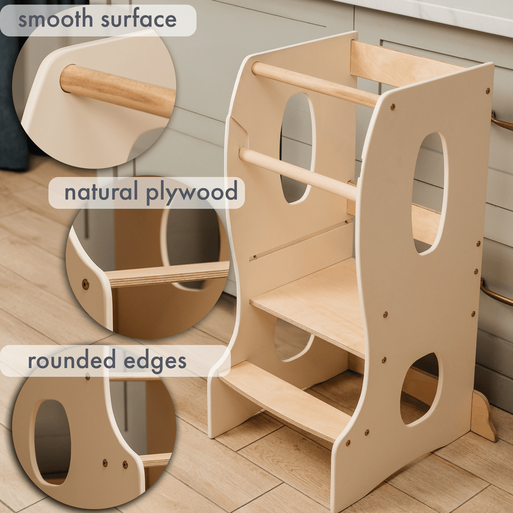 Stabiler Montessori Lernturm: Mitwachsender Kinderstuhl aus Holz – Elfenbein
