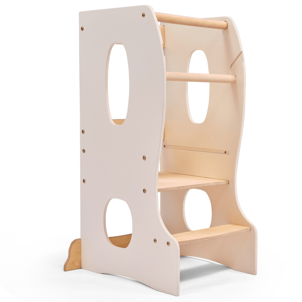 Stabiler Montessori Lernturm: Mitwachsender Kinderstuhl aus Holz – Elfenbein