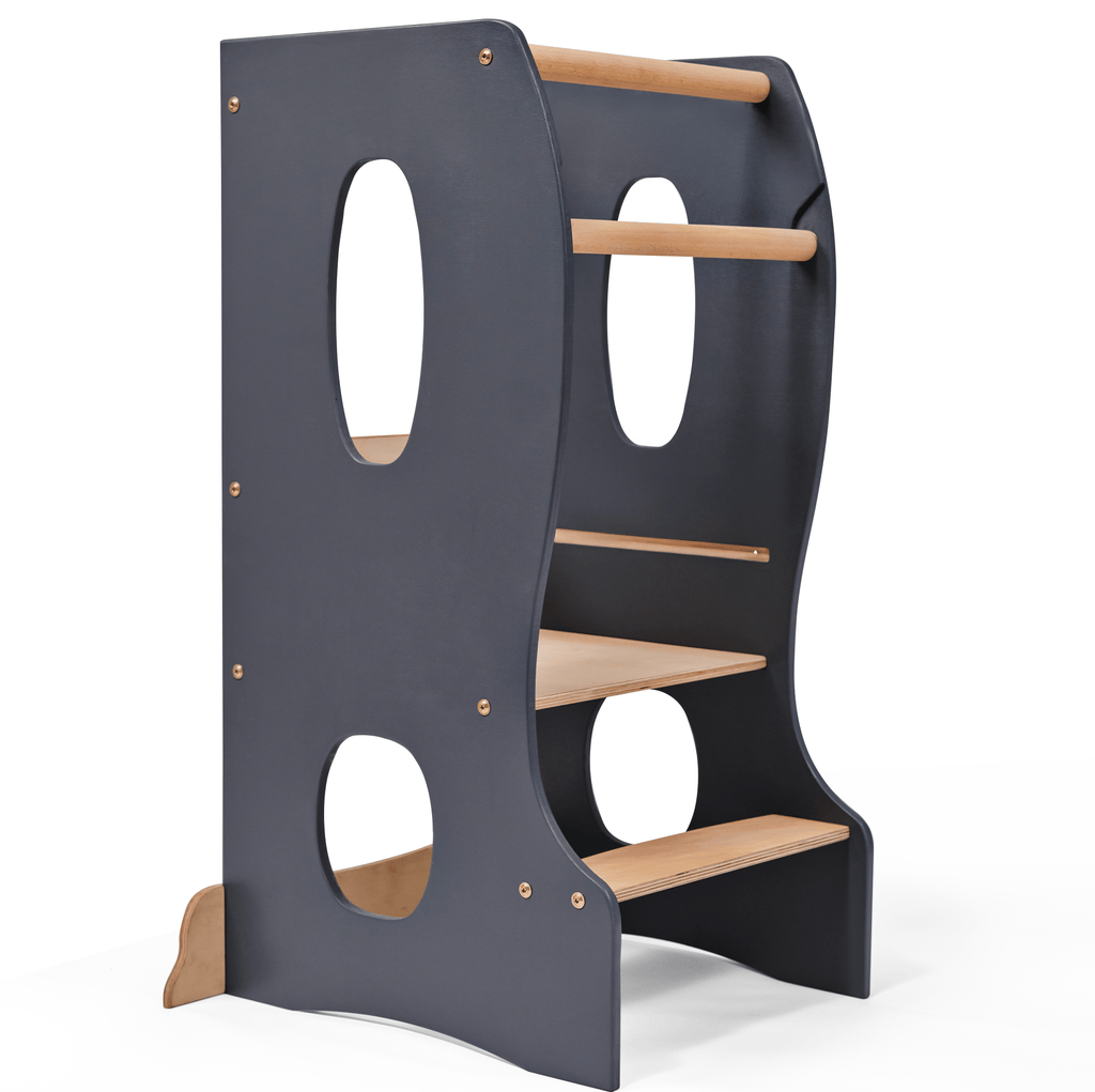 Stabiler Montessori Lernturm: Mitwachsender Kinderstuhl aus Holz – Grau